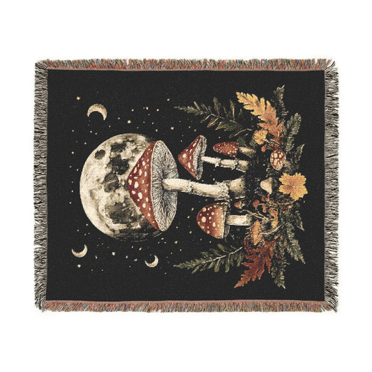 Cosmic Mushroom Woven Blanket, Cozy Throw for Home Decor, Bohemian Gift, Autumn Vibes, Celestial Tapestry, Relaxing Blanket
