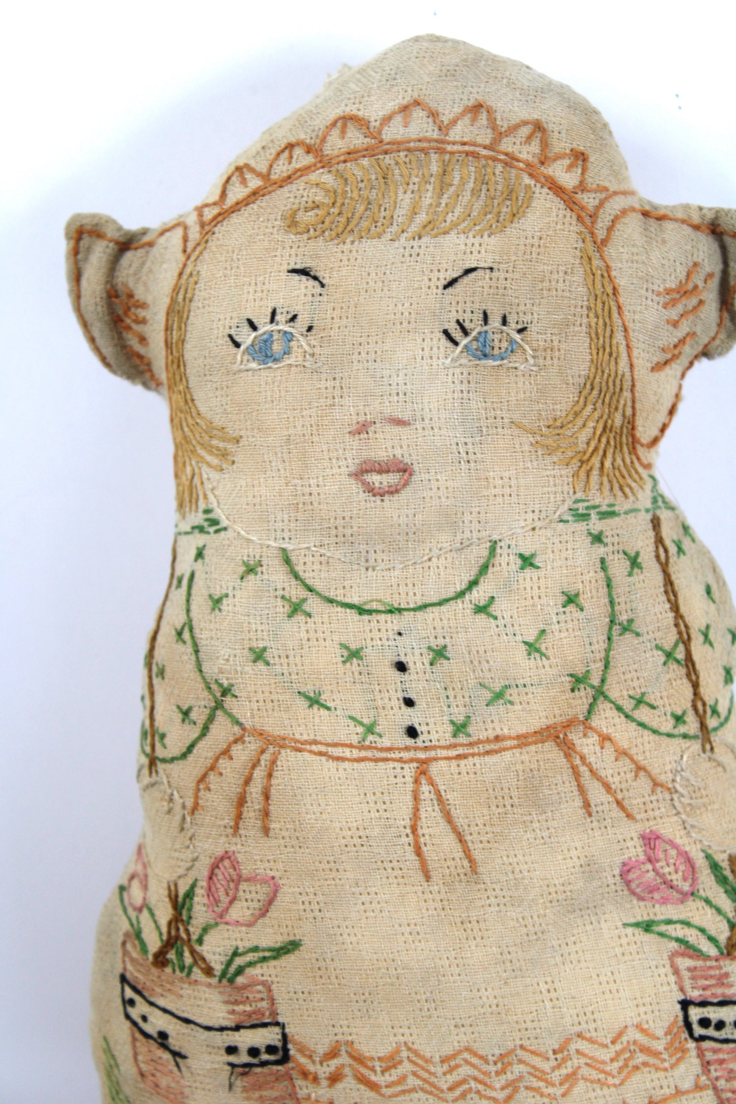 Vintage Americana Primitive Handmade Rag Doll, Embroidered Cloth Rare, Collector Item