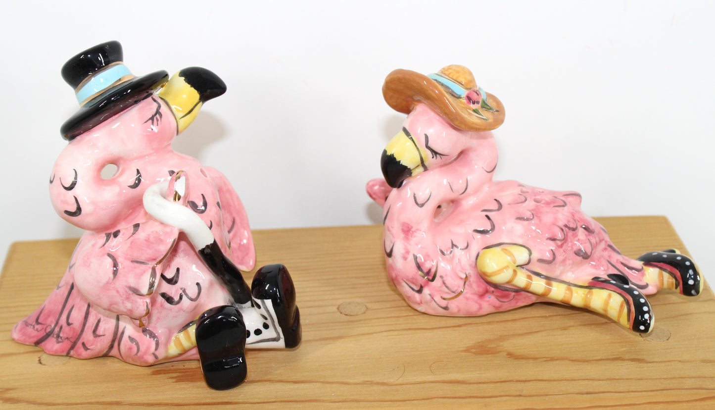 Blue Sky Ceramics MR. & MRS. FANCY "FLAMINGO" SALT & PEPPER SHAKERS