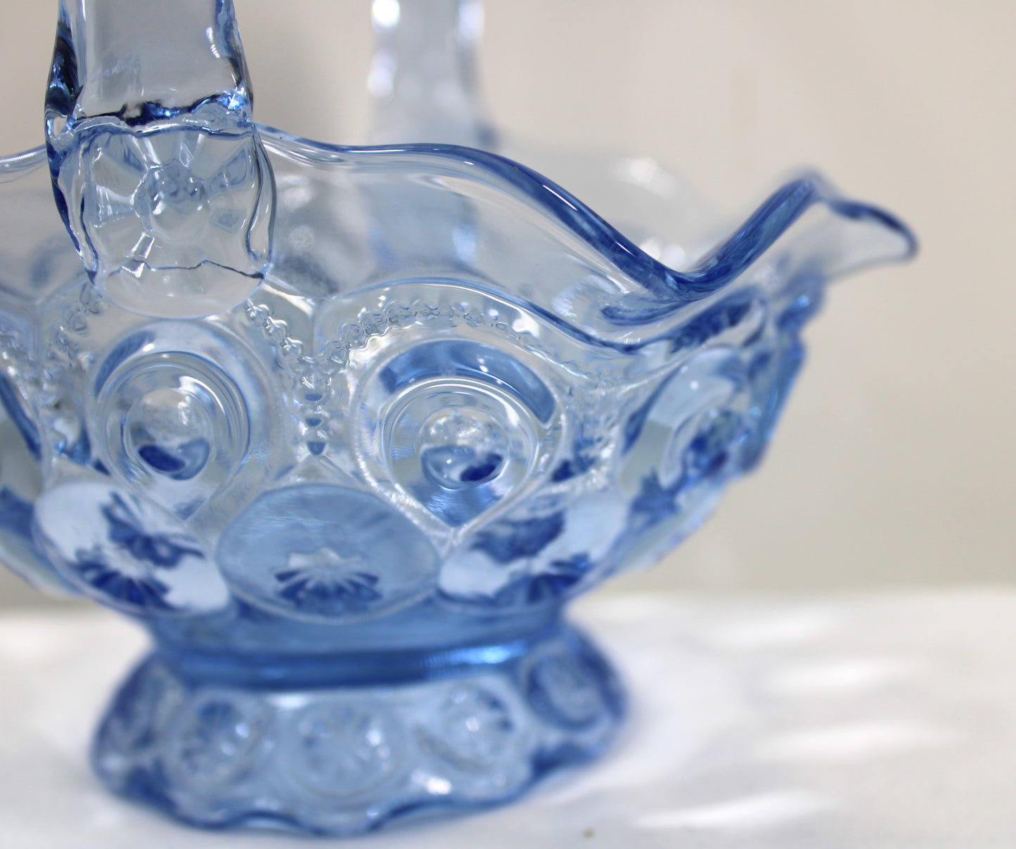 Vintage Blue Glass Ruffled Edge Basket Candy Dish