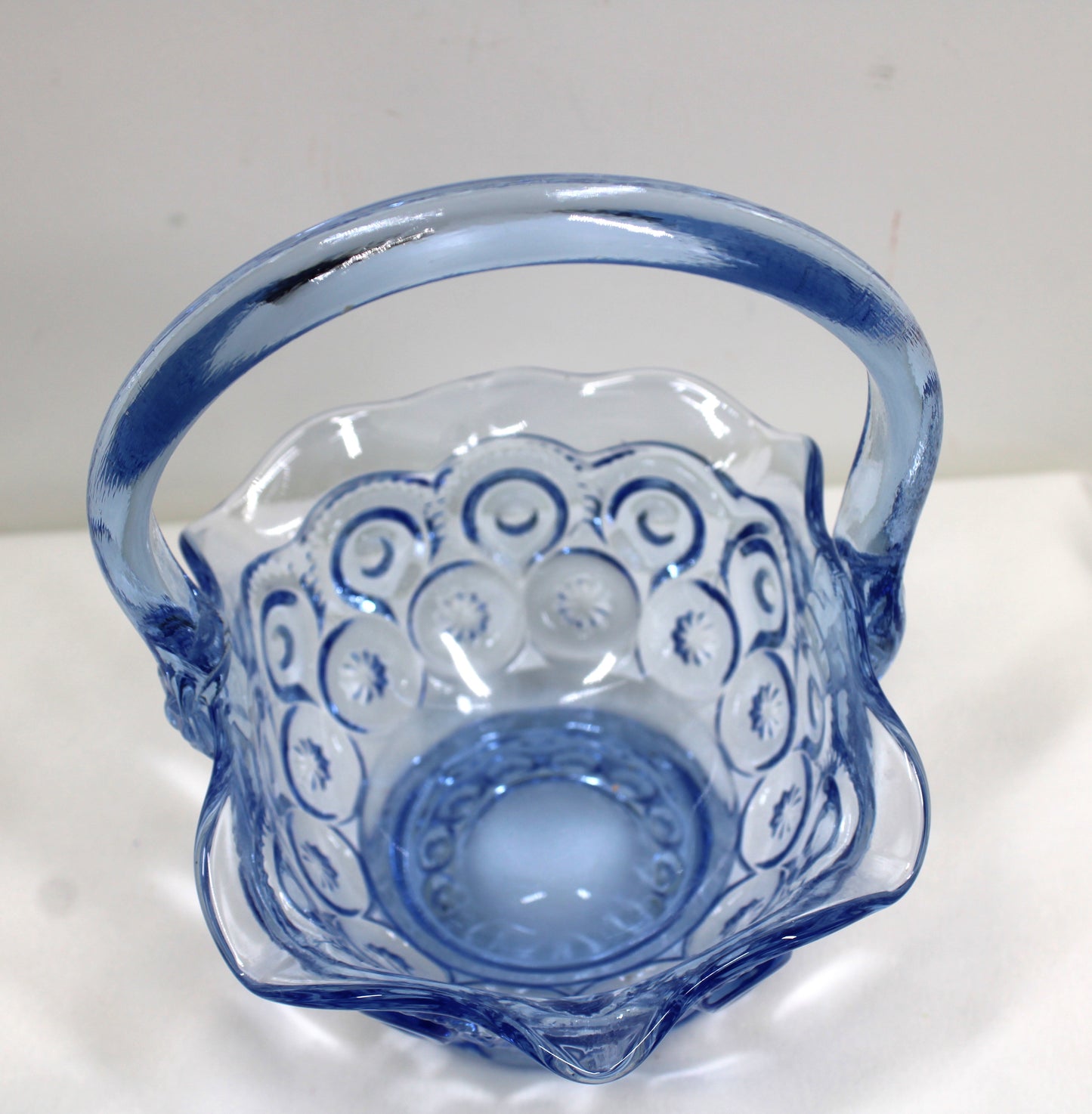 Vintage Blue Glass Ruffled Edge Basket Candy Dish