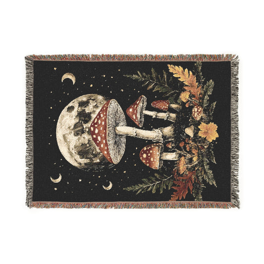 Cosmic Mushroom Woven Blanket, Cozy Throw for Home Decor, Bohemian Gift, Autumn Vibes, Celestial Tapestry, Relaxing Blanket
