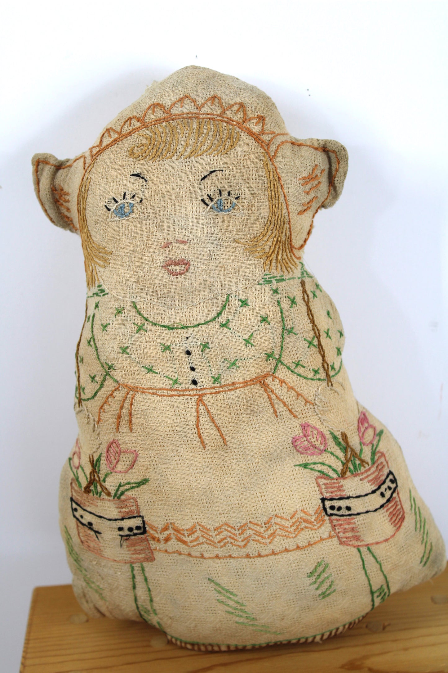 Vintage Americana Primitive Handmade Rag Doll, Embroidered Cloth Rare, Collector Item