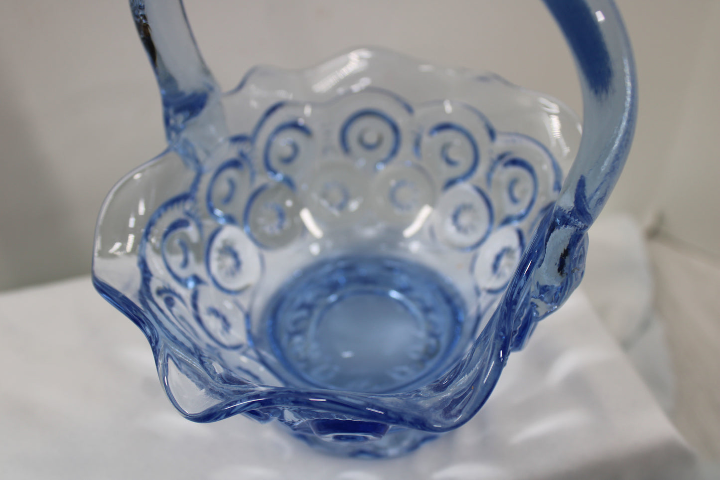 Vintage Blue Glass Ruffled Edge Basket Candy Dish