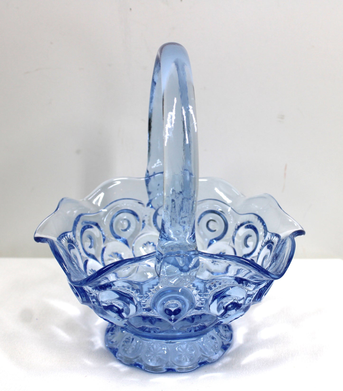 Vintage Blue Glass Ruffled Edge Basket Candy Dish