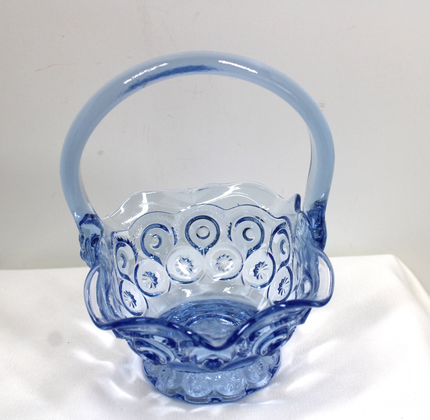 Vintage Blue Glass Ruffled Edge Basket Candy Dish