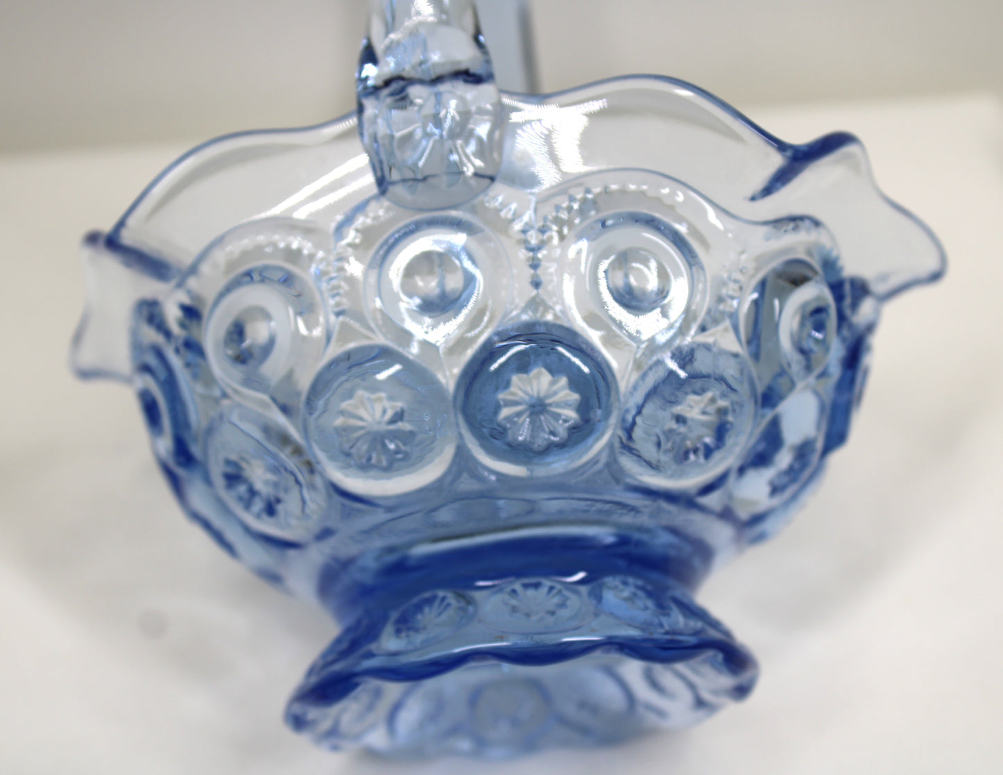 Vintage Blue Glass Ruffled Edge Basket Candy Dish