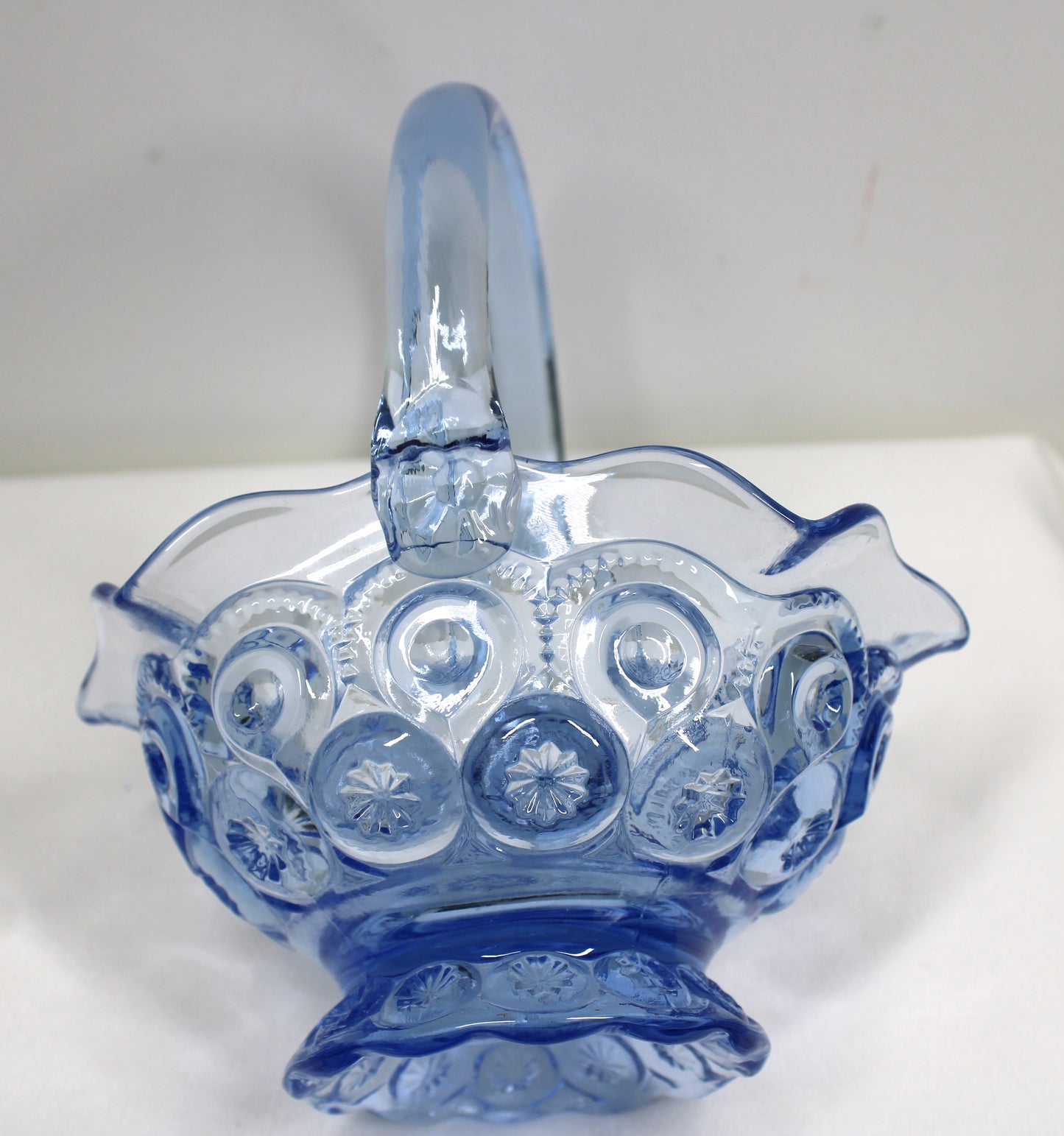 Vintage Blue Glass Ruffled Edge Basket Candy Dish